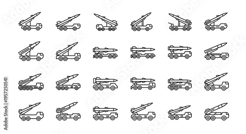Pixel Art Missile Launcher Icons Set - Military Vehicles and Rocket Systems