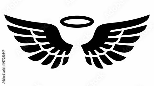 Stylized black angel wings with a halo floating above them, representing divinity and protection.
