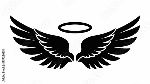 Black angel wings with a halo floating above them, symbolizing divinity and protection.