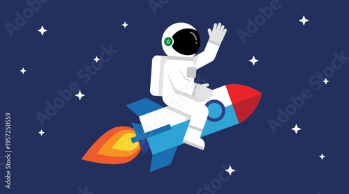 An astronaut in a white spacesuit waves while riding a blue and red rocket through a dark blue starry space.