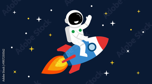 Cartoon astronaut riding a rocket through a starry night sky, waving cheerfully during a space adventure.