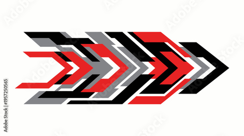 Abstract graphic design featuring multiple overlapping red, black, and grey chevron arrows pointing right, creating a dynamic sense of forward movement and progression.