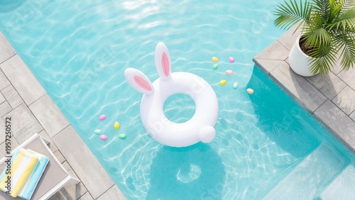 Inflatable bunny float in blue swimming pool surrounded by easter eggs. Outdoor poolside easter holiday setup with palm plant and towel. Spring seasonal fun and water recreation concept