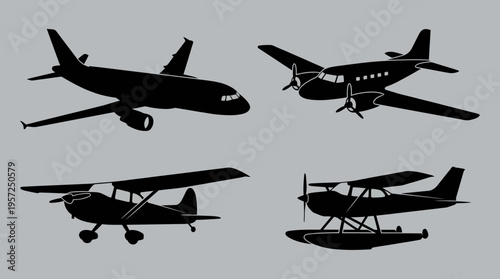 Four black silhouettes of various aircraft types including a jet, propeller planes, and a seaplane on a grey background.