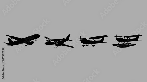 Silhouettes of various aircraft types including a commercial jet, a propeller plane, and a seaplane on a grey background.