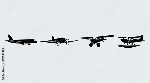 Four black silhouettes of various aircraft types, including a jetliner, vintage propeller plane, bush plane, and floatplane, against a light background.