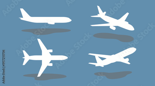 Four white airplane silhouettes with shadows on a blue background, showing different flight perspectives.