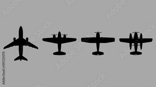 Four distinct black airplane silhouettes against a grey background, showcasing various aircraft types from passenger jets to propeller planes.