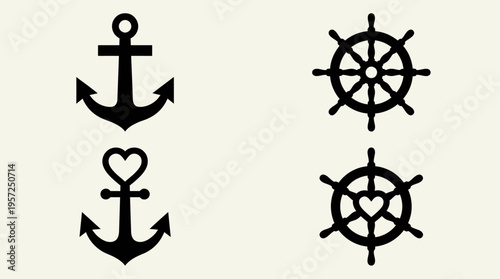 Four black silhouette nautical symbols including anchors and ship's wheels, two with heart details, on a light background.