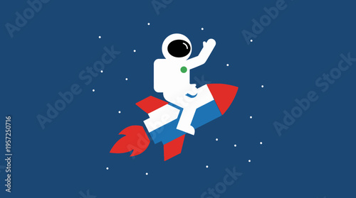 A cartoon illustration of an astronaut in a white spacesuit riding a red, white, and blue rocket through space, waving cheerfully.