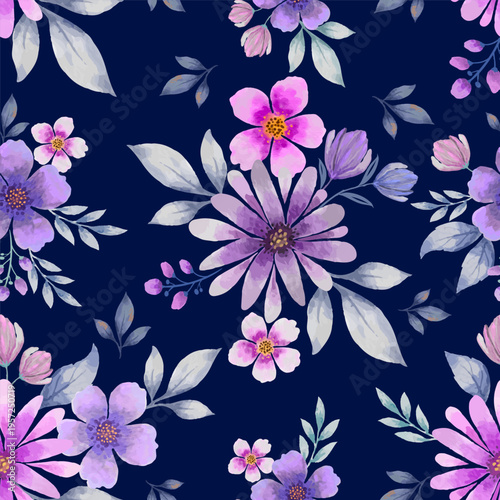 Elegant seamless floral pattern featuring pink and purple blossoms with green leaves in a vintage vector illustration design perfect for nature-inspired wallpaper and spring fabric textures