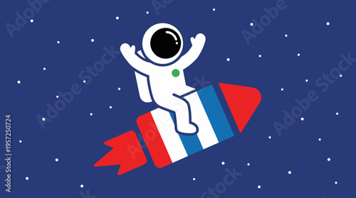 A cheerful cartoon astronaut in a white suit with a green dot, riding a red, white, and blue striped rocket through a starry dark blue outer space.
