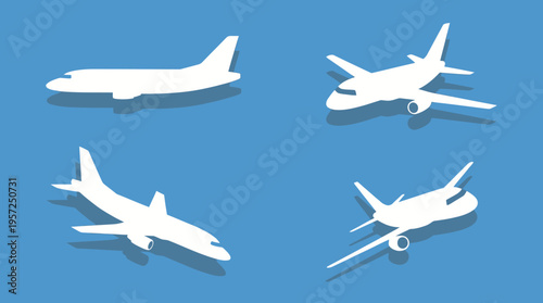 Four white airplane silhouettes with shadows on a blue background, viewed from different isometric angles.