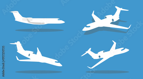 Four white silhouettes of private business jets in various flight positions against a solid blue background, illustrating modern air travel and aviation.