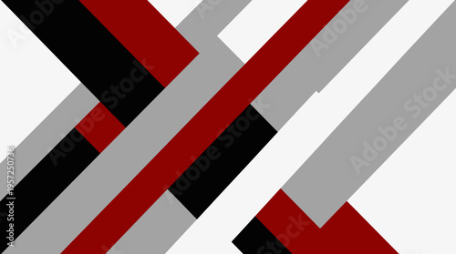 Abstract geometric pattern with intersecting diagonal stripes in red, black, grey, and white, creating a modern and dynamic design.