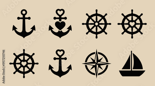 A collection of black silhouette nautical symbols including anchors, ship's wheels, a compass rose, and a sailboat on a beige background.
