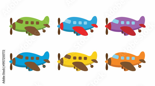 Collection of six colorful cartoon propeller airplanes for children's design and illustration.