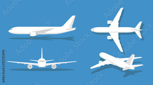 Four white airplanes depicted from various angles on a blue background, showcasing different perspectives of modern aircraft design.