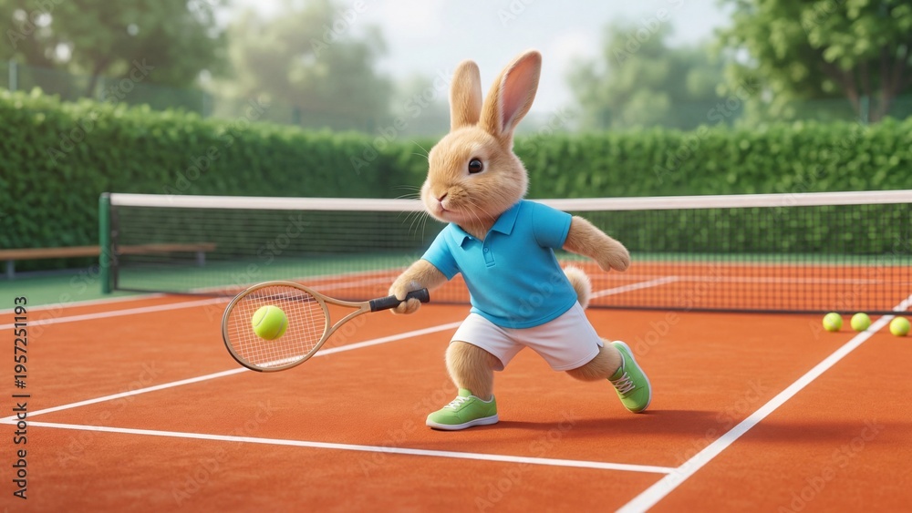 Obraz premium Anthropomorphic rabbit playing tennis on outdoor court. Cute bunny athlete hitting yellow ball with racket across net. Fun animal sports illustration for kids entertainment and easter holiday theme