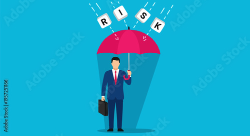 Businessman holding red umbrella protecting from falling 'RISK' letter blocks on blue background vector