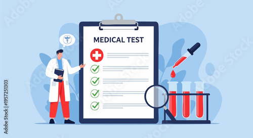 Medical Test Results Vector Illustration with Doctor and Clipboard for Healthcare Diagnostics