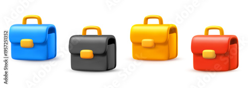 3d mesh business briefcase icons set in different colors, office bags collection for work and career concept. Vector illustration for portfolio and finance management