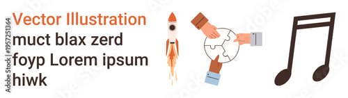 Collaboration, teamwork, creativity, innovation, exploration, music. A rocket, puzzle pieces with hands and a musical note. Collaboration and creativity concept for diverse industries