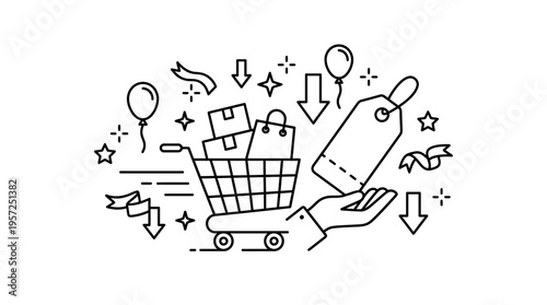 Shopping Cart with Discount Tag and Sale Elements