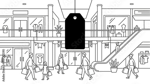 Shopping Mall Scene with Blank Tag