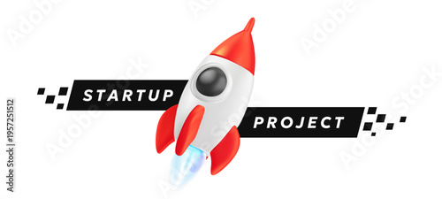3d mesh rocket launch with startup project text, spaceship with engine flame for business growth and success concept. Realistic vector illustration