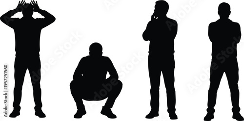 Male silhouettes collection showing different emotions, stressed thinking standing poses, worried and confident postures, human figure set isolated on white background, vector illustration