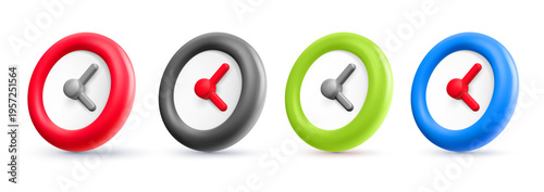 3d mesh round wall clock icons set in different colors, analog clocks collection for time management and office design. Vector illustration for schedule, deadline and interior decoration