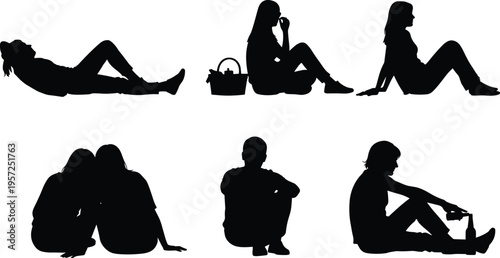 Relaxing people silhouettes sitting and lying poses, men and women resting lifestyle, casual leisure moments isolated on white background, human behavior and relaxation concept
