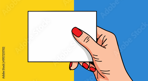 Female hand holding blank white business card vector illustration on yellow and blue background
