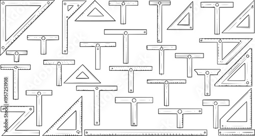 Hand-drawn collection of drafting and measuring tools: T-squares, set squares (triangles), and rulers. Line art illustration for architects and designers.