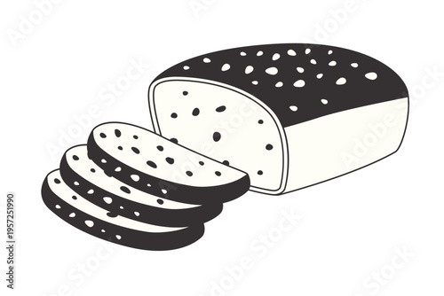 Hand‑drawn wholegrain bread loaf with slices and seeds, isolated on white background. Ideal for bakery, cooking, grain products, artisan bread and culinary illustration themes.