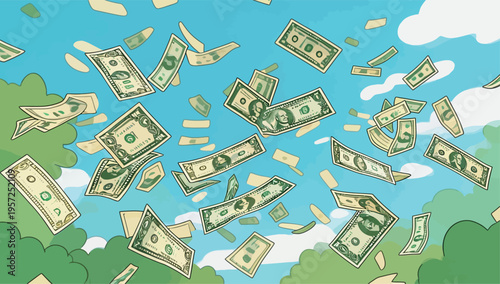 Money falls from the sky over green trees and a blue sky, creating a fun and lively scene in a playful cartoon style