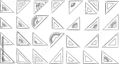 Seamless Handdrawn Pattern of Geometry Tools: Set Squares, Rulers, and Protractors for Math Education, School Supplies, and Technical Drawing Background
