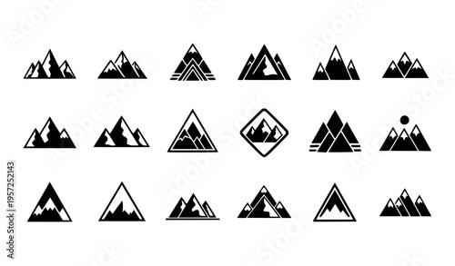 Minimal Geometric Mountain Icon Set Featuring Abstract Peaks, Outdoor Adventure Symbols, Nature Landscape Shapes, and Modern Line Art Vector Collection for Design Use