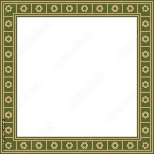 Vector green with gold square gothic ornament. Medieval European rectangle, border. Classic pattern of the Germans, Angles, Saxons, Franks.
