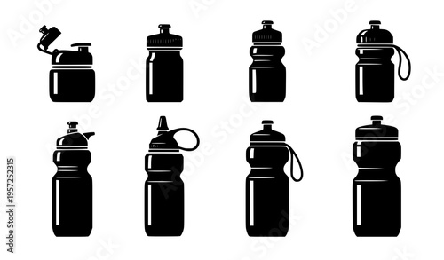 Sports Water Bottle Icon Grid with Multiple Reusable Drink Containers and Lid Variations for Fitness, Gym, Outdoor Activities, and Hydration Design