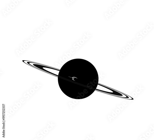 Abstract Black Planet with Rings on White Background.