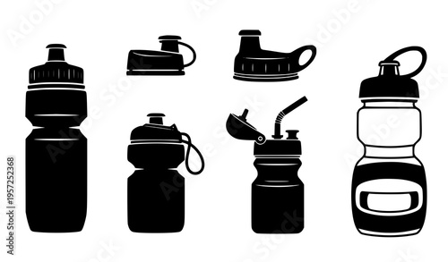Sports Water Bottle Icon Set with Reusable Drink Containers, Flip Top Lids, and Hydration Gear for Fitness, Gym, Outdoor, and Lifestyle Design