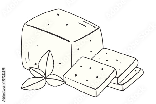 Hand‑drawn cheddar cheese block with herb garnish and slices in clean black and white style. Ideal for food, cooking, dairy, and culinary ingredient illustrations.