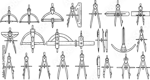 Hand-Drawn Engineering Tools Collection: Compasses, Calipers, Pens, and Rulers - Line Art