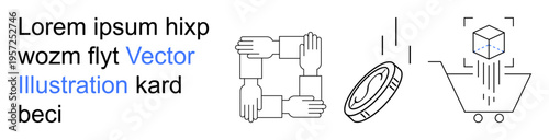 Teamwork, blockchain technology, e-commerce, digital transactions, connectivity, virtual products. Four hands connecting, blockchain coin shopping cart with 3D cube. Collaboration and blockchain