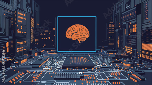 Digital brain in a city of circuits represents technology and innovation in modern software systems