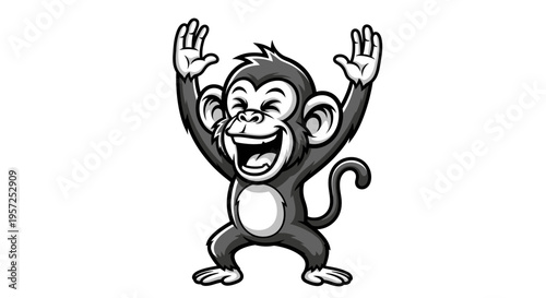 Monkey Cartoon Character Raising Hands Up.