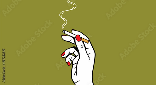 Stylized vector illustration of a female hand with red nails holding a lit cigarette with smoke on a green background
