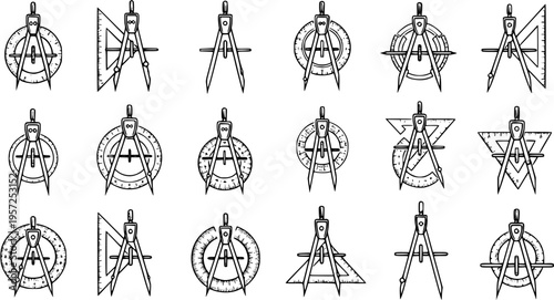 Set of Engineering and Geometry Drafting Tools Icons: Compass, Protractor, and Ruler Symbols for Education, Architecture, and Design